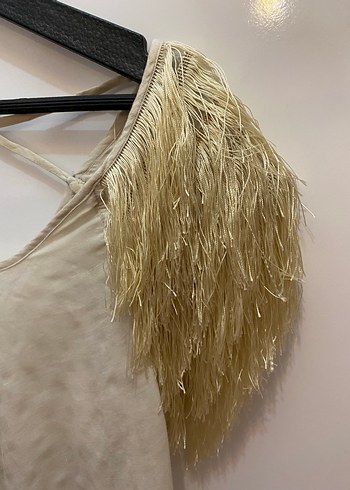 Bohem Tarzda Kolsuz Drapeli Bej Bluz - Görsel 2