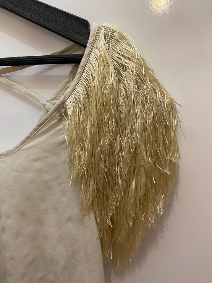 Bohem Tarzda Kolsuz Drapeli Bej Bluz - Görsel 2