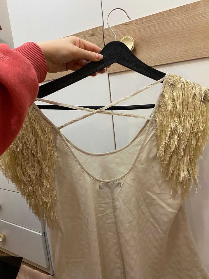 Bohem Tarzda Kolsuz Drapeli Bej Bluz - Görsel 4