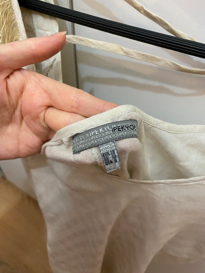 Bohem Tarzda Kolsuz Drapeli Bej Bluz - Görsel 3