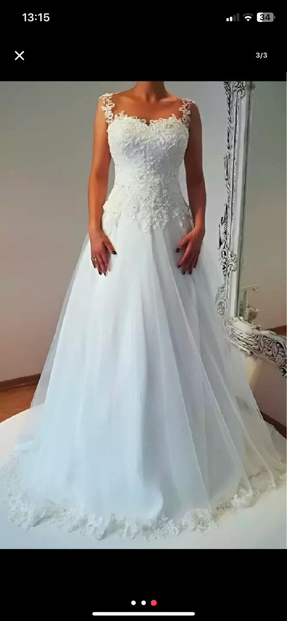 Dantel İşlemeli V Yaka Beyaz Uzun Gelinlik - Görsel 3