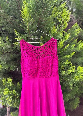 Dantel Detaylı Pembe Uzun Abiye Elbise - Görsel 2