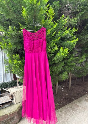 Dantel Detaylı Pembe Uzun Abiye Elbise - Görsel 4