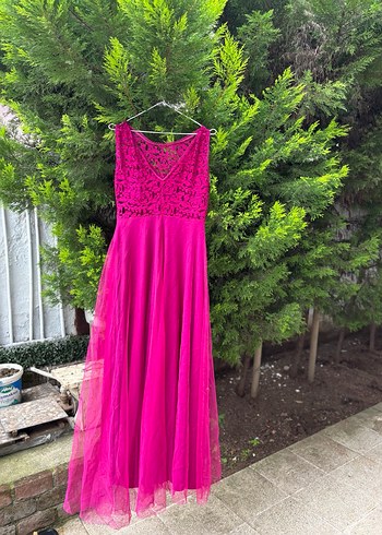 Dantel Detaylı Pembe Uzun Abiye Elbise - Görsel 3