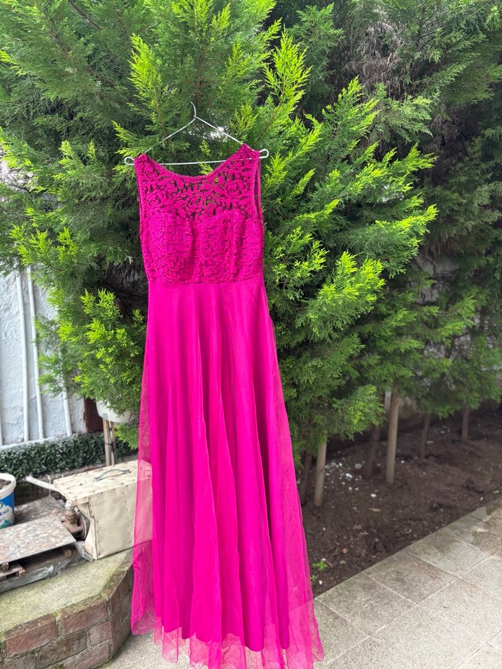 Dantel Detaylı Pembe Uzun Abiye Elbise - Görsel 4