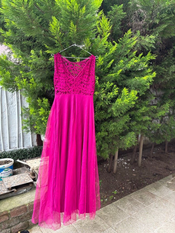 Dantel Detaylı Pembe Uzun Abiye Elbise - Görsel 3