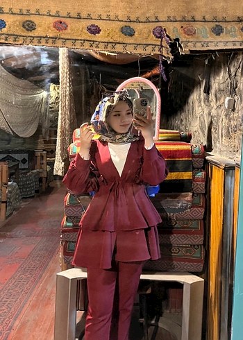 Bordo Midi Drapeli Yüksek Yakalı Kadın Tunik - Görsel 2