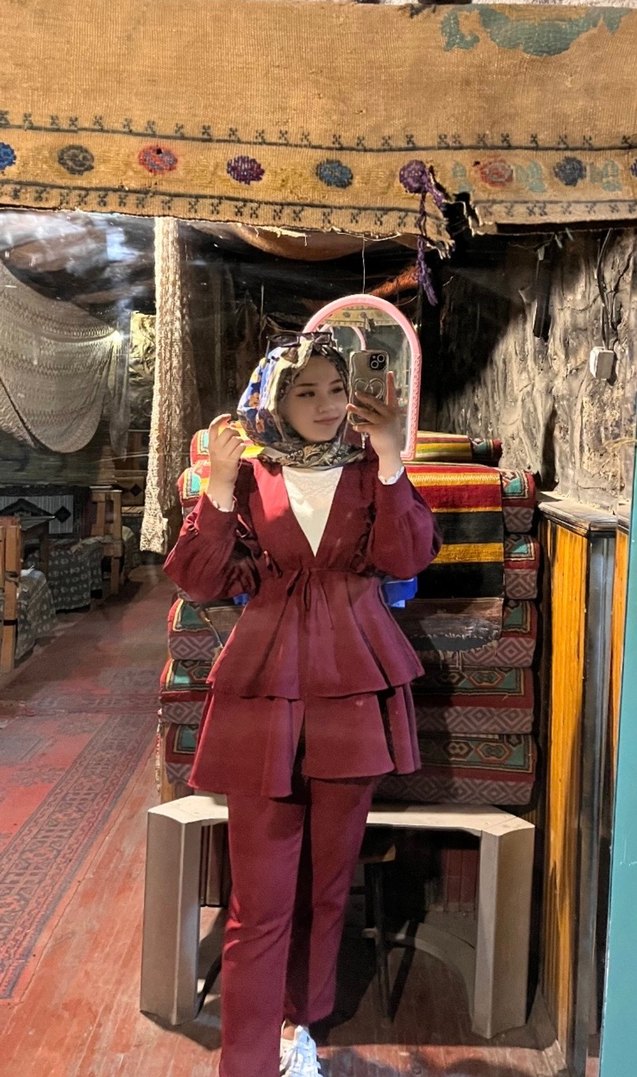 Bordo Midi Drapeli Yüksek Yakalı Kadın Tunik - Görsel 2