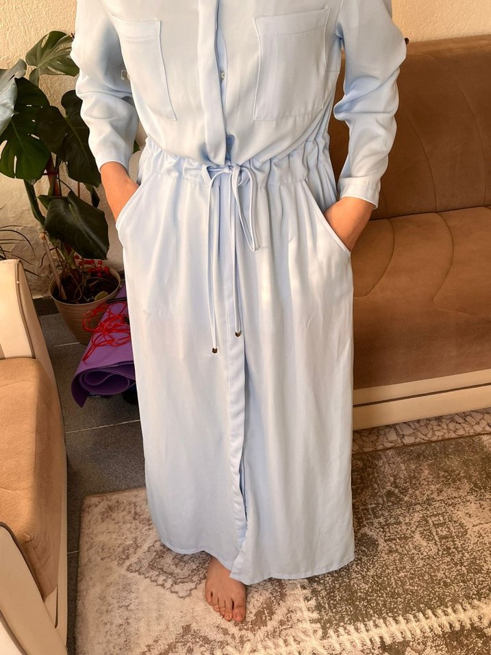 V Yaka Mavi elbise - Görsel 3