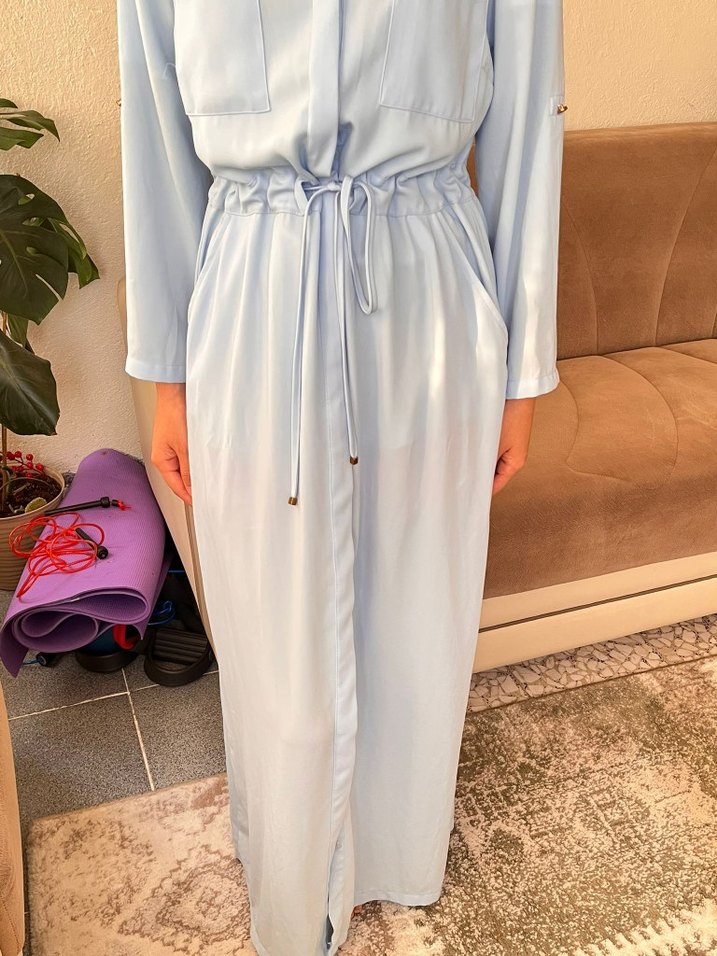 V Yaka Mavi elbise - Görsel 4