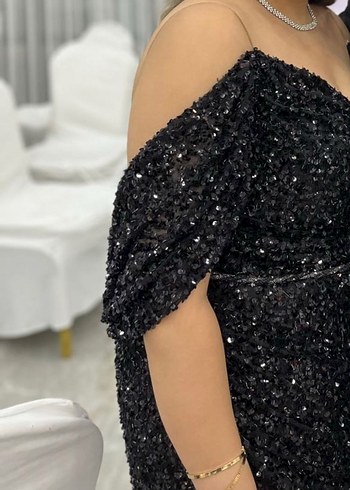 Siyah Pul Payet Uzun Gece Elbisesi - Görsel 4