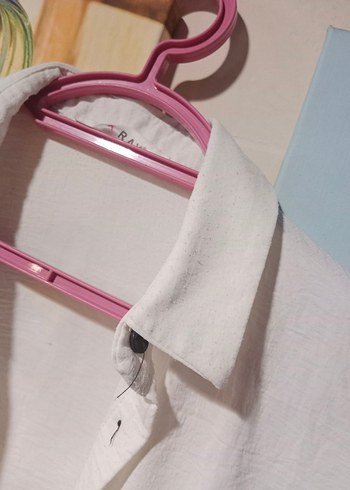 Düğmeli Beyaz Keten yarim kol Gömlek - Görsel 3