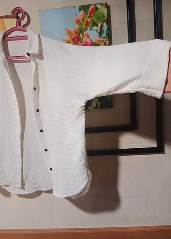 Düğmeli Beyaz Keten yarim kol Gömlek - Görsel 2