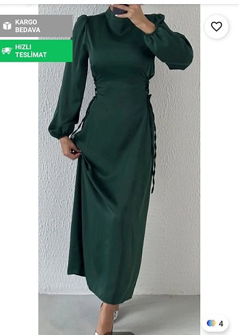 Uzun zümrüt renk saten bağlamalı elbise - Görsel 3