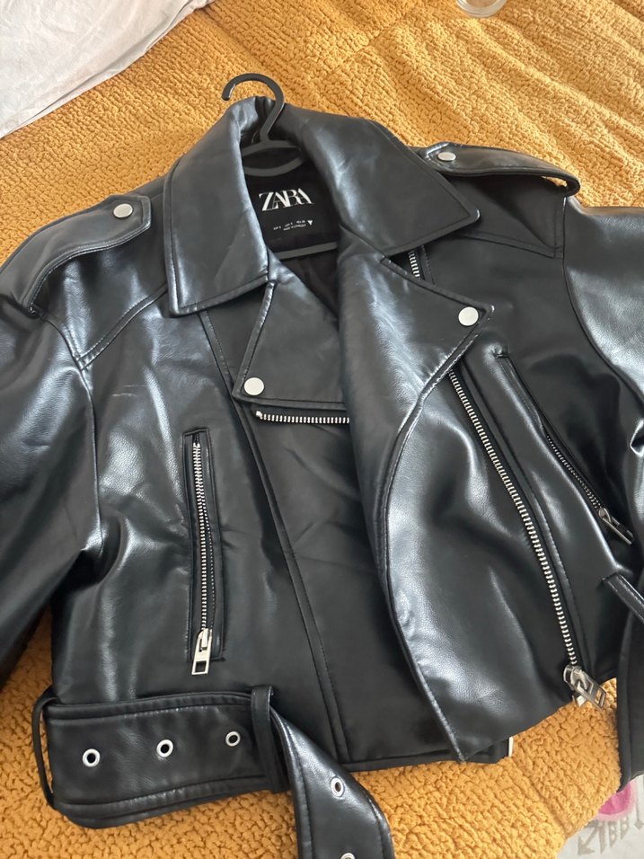 Siyah Parlak Biker Deri Ceket - Zara - Görsel 3