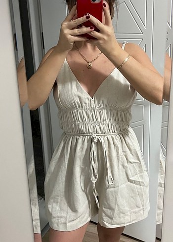 Beyaz V Yaka Keten Mini Tulum - Görsel 2