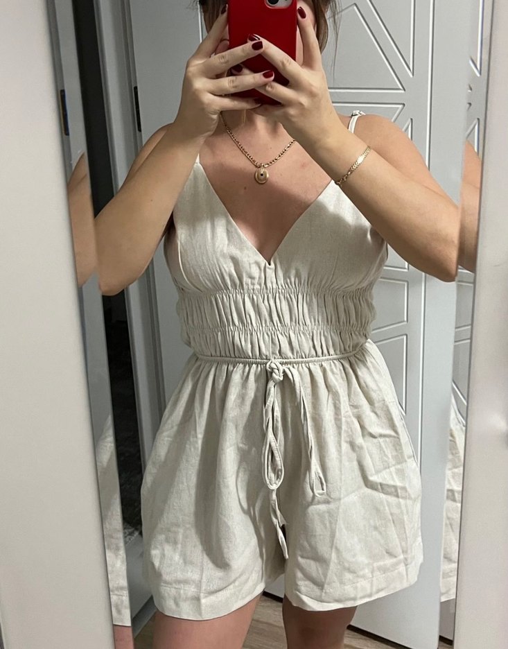 Beyaz V Yaka Keten Mini Tulum - Görsel 2