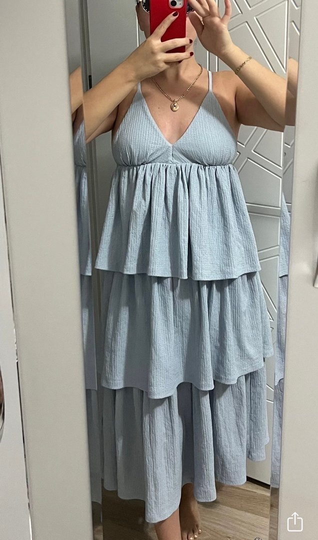 V Yaka Keten Midi Elbise - Görsel 2