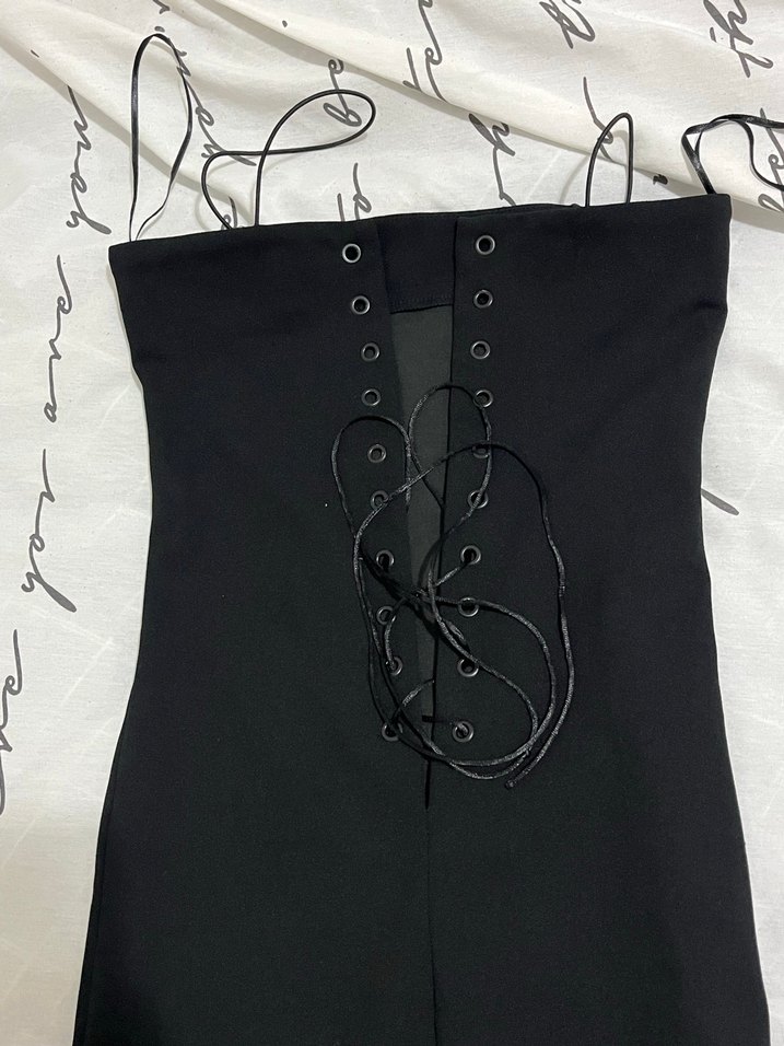 Siyah Nakışlı Straplez Uzun Elbise Boy 110 - Görsel 2