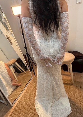 Dantel Detaylı Beyaz Straplez Nikah Gelinlik - Görsel 3