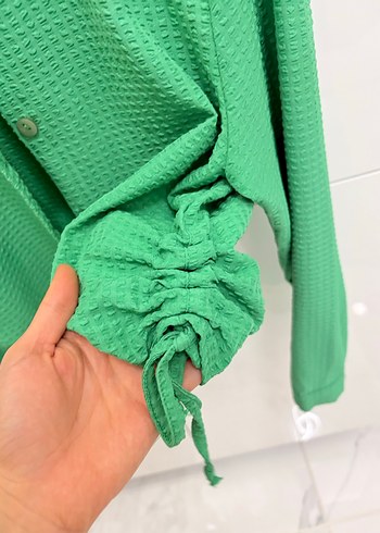 Düğmeli Yeşil Keten Mini Gömlek - Görsel 2