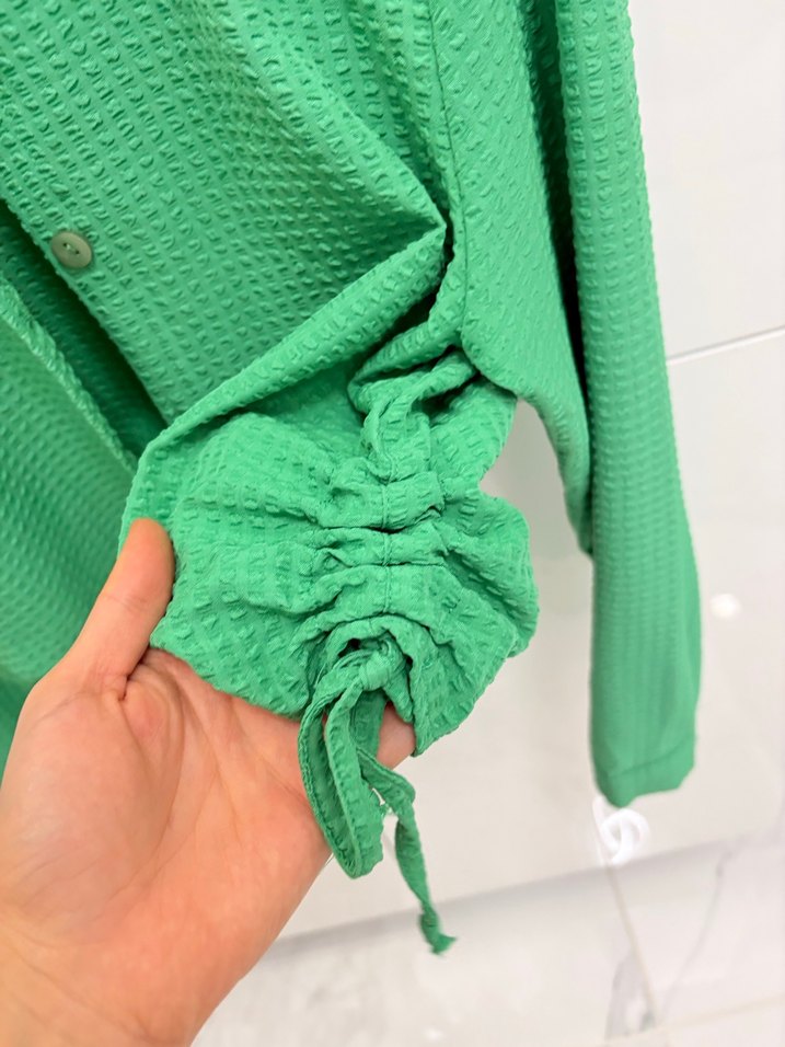 Düğmeli Yeşil Keten Mini Gömlek - Görsel 2