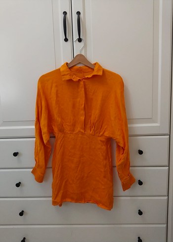 Düğmeli, V Yakalı Turuncu Mini Elbise - Görsel 4