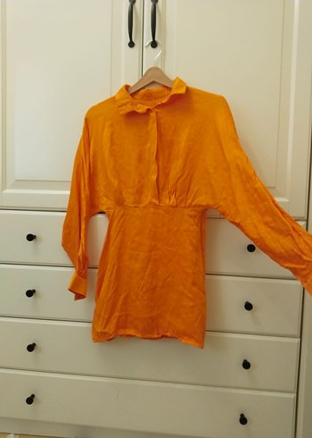 Düğmeli, V Yakalı Turuncu Mini Elbise - Görsel 3