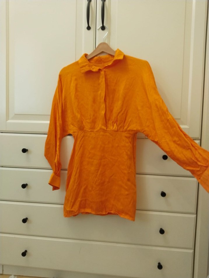 Düğmeli, V Yakalı Turuncu Mini Elbise - Görsel 3