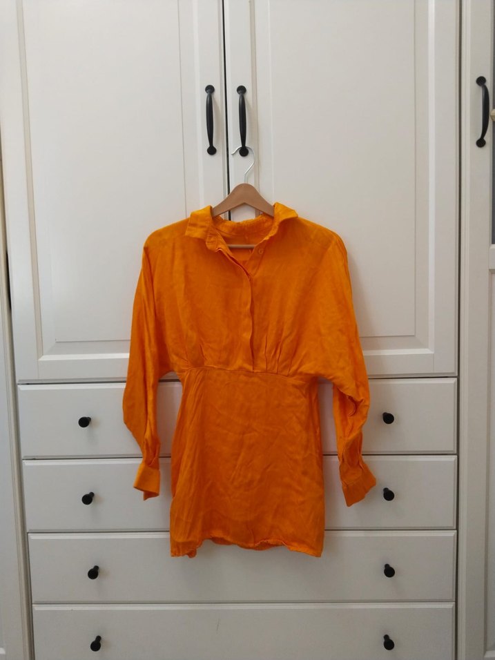 Düğmeli, V Yakalı Turuncu Mini Elbise - Görsel 2