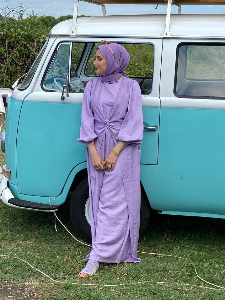 Uzun Kol Drapeli Mor Bohem tulum - Görsel 3