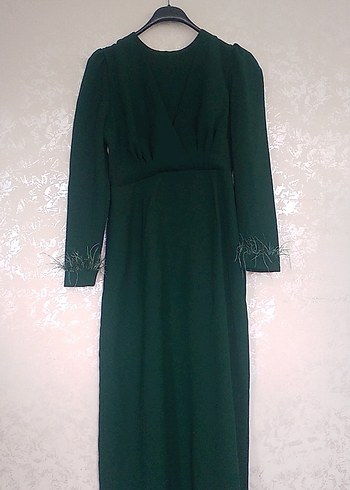 Uzun Kollu Yeşil Vintage Elbise - Görsel 3