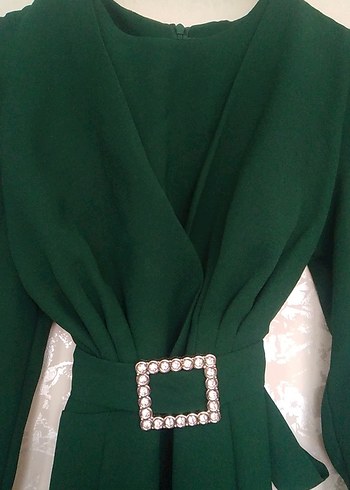 Uzun Kollu Yeşil Vintage Elbise - Görsel 5