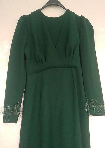 Uzun Kollu Yeşil Vintage Elbise - Görsel 2