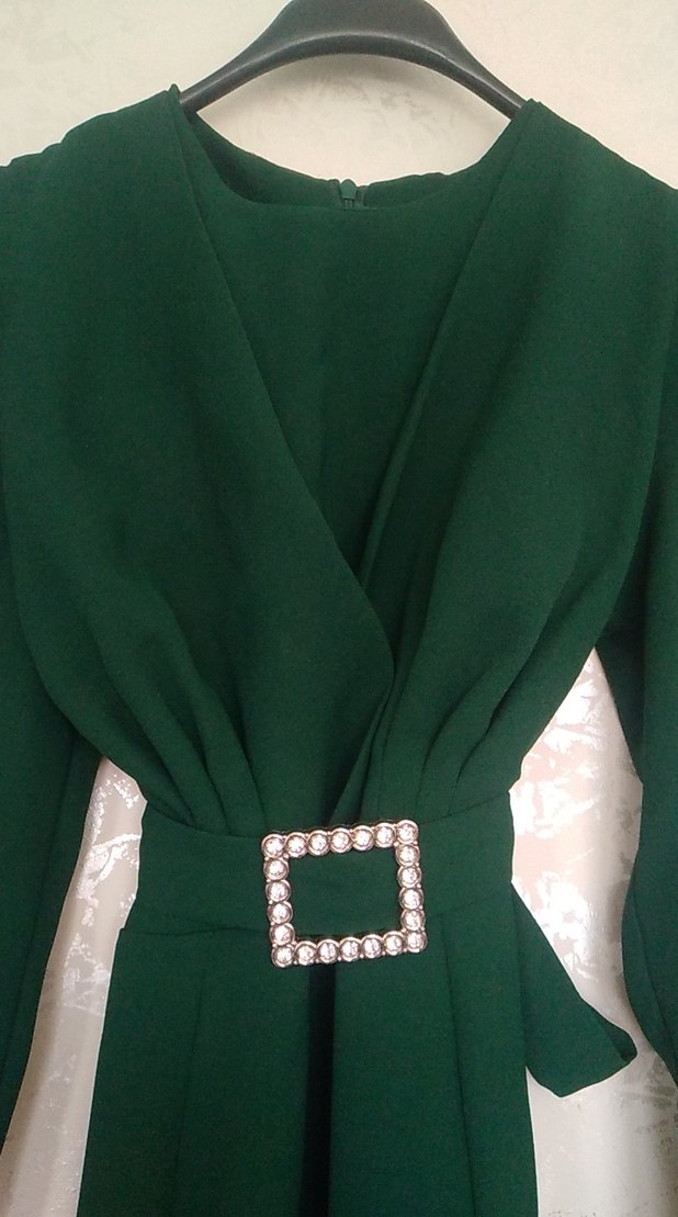 Uzun Kollu Yeşil Vintage Elbise - Görsel 5