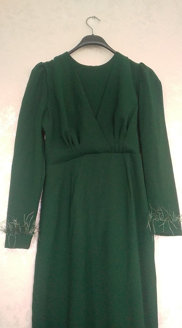 Uzun Kollu Yeşil Vintage Elbise - Görsel 2