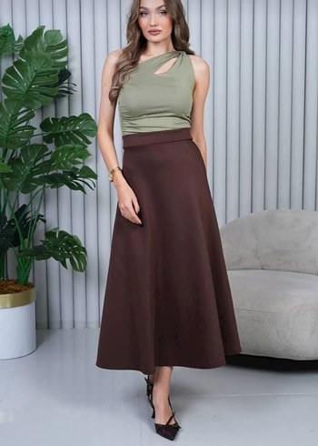 Drapeli Kahverengi Uzun Kadın Etek - Görsel 3