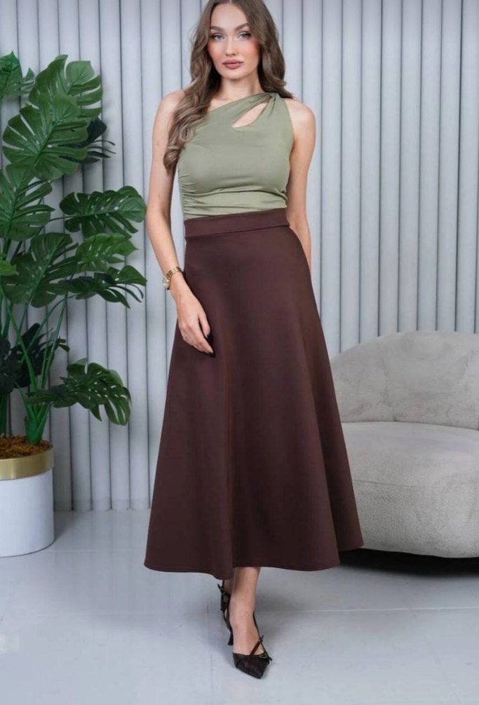 Drapeli Kahverengi Uzun Kadın Etek - Görsel 3