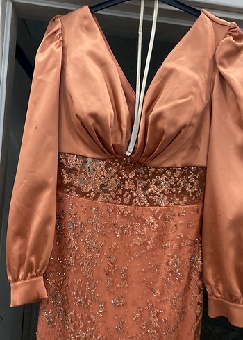 Kiremit rengi İşlemeli Uzun Kollu Kadın Abiye Elbise - Görsel 4