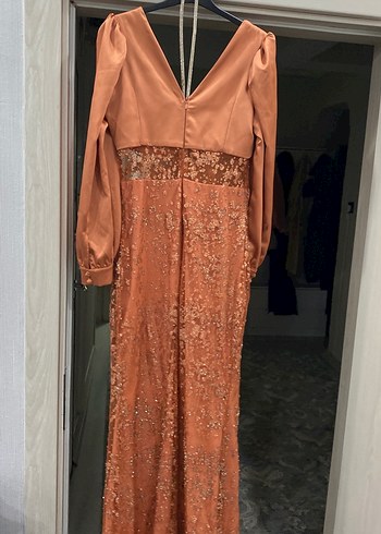 Kiremit rengi İşlemeli Uzun Kollu Kadın Abiye Elbise - Görsel 6