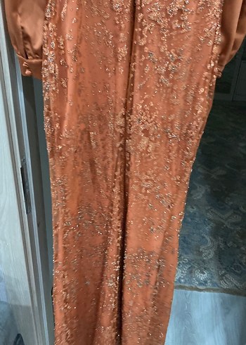 Kiremit rengi İşlemeli Uzun Kollu Kadın Abiye Elbise - Görsel 8