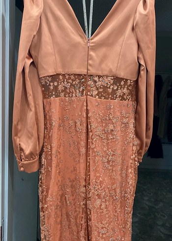 Kiremit rengi İşlemeli Uzun Kollu Kadın Abiye Elbise - Görsel 7