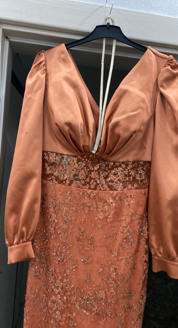 Kiremit rengi İşlemeli Uzun Kollu Kadın Abiye Elbise - Görsel 4