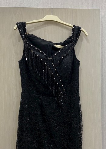 Boncuk İşlemeli Siyah Uzun Abiye Elbise - Görsel 3