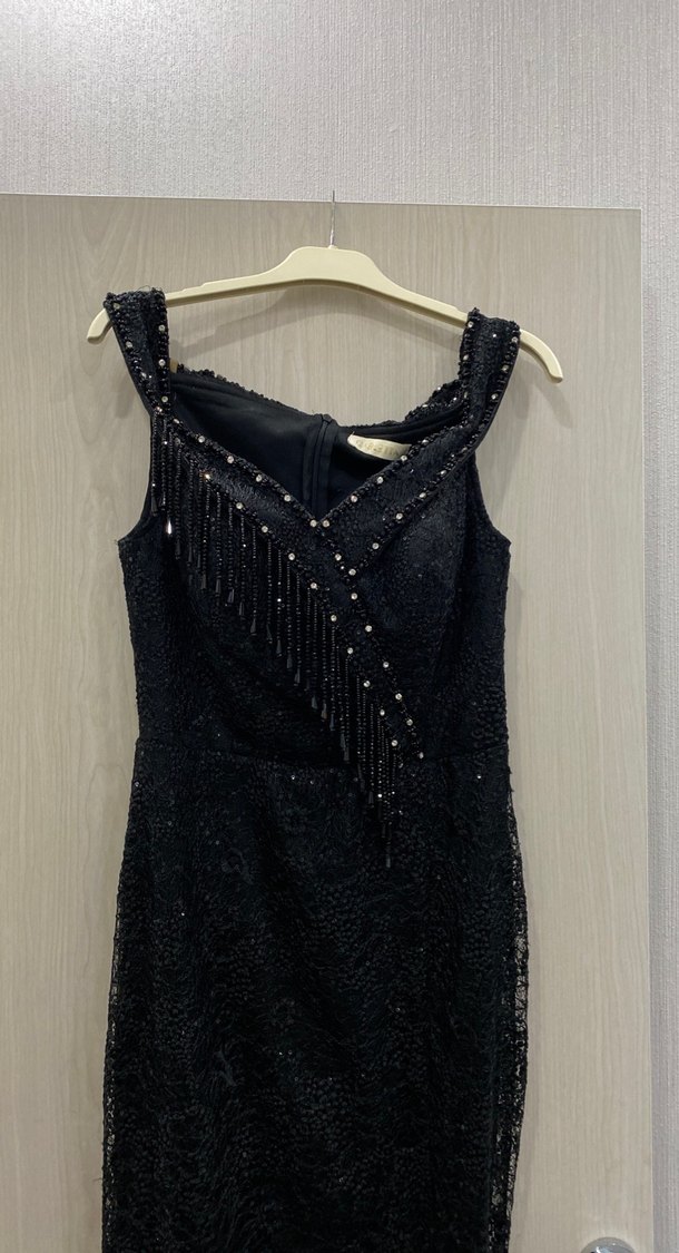 Boncuk İşlemeli Siyah Uzun Abiye Elbise - Görsel 3