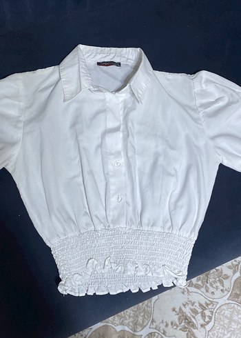 Düğmeli Kısa Kollu Beyaz Keten Bluz - Görsel 3