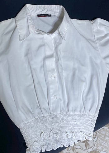 Düğmeli Kısa Kollu Beyaz Keten Bluz - Görsel 5