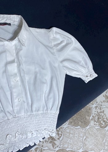 Düğmeli Kısa Kollu Beyaz Keten Bluz - Görsel 6