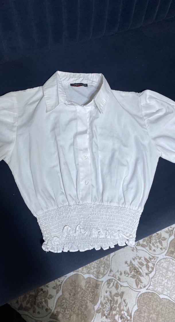 Düğmeli Kısa Kollu Beyaz Keten Bluz - Görsel 3