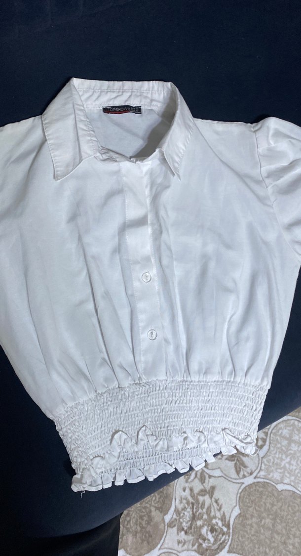 Düğmeli Kısa Kollu Beyaz Keten Bluz - Görsel 5